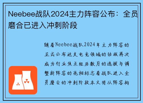 Neebee战队2024主力阵容公布：全员磨合已进入冲刺阶段