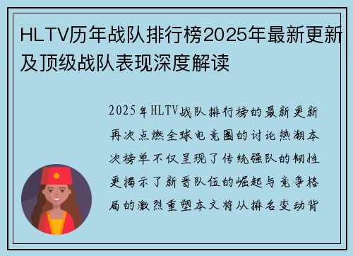 HLTV历年战队排行榜2025年最新更新及顶级战队表现深度解读