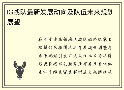 IG战队最新发展动向及队伍未来规划展望